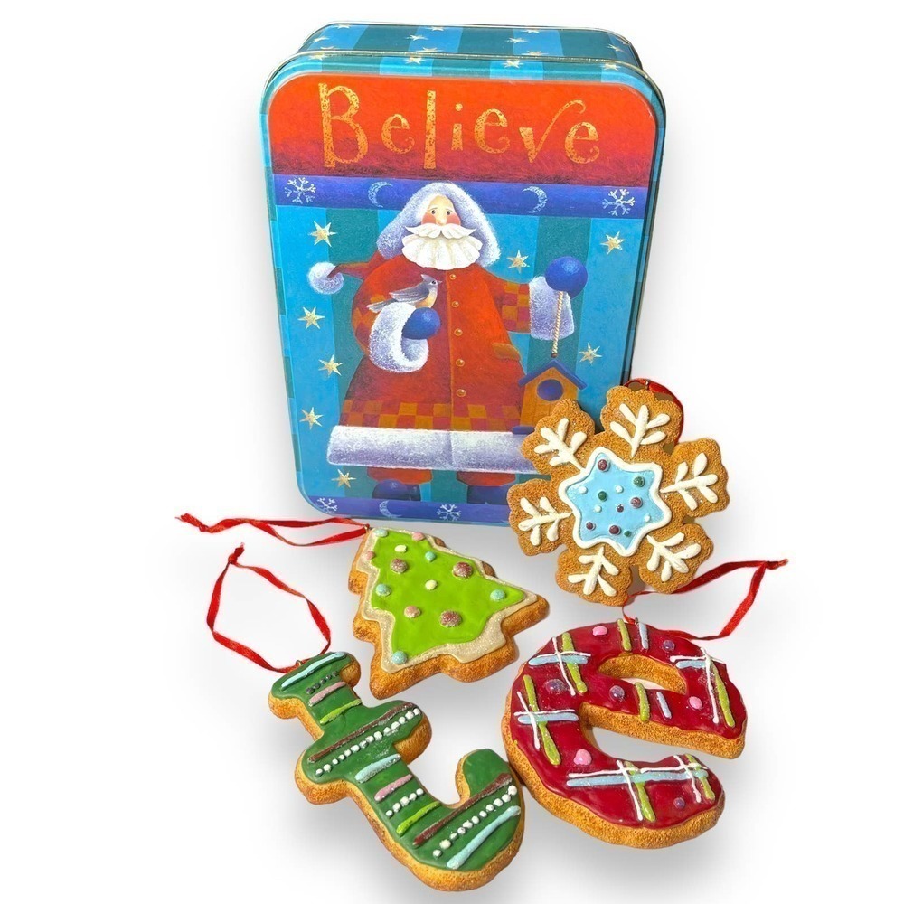 Christmas Tree Snowflake Letters Gingerbread Cookie Ornaments Set Of 4 Tin